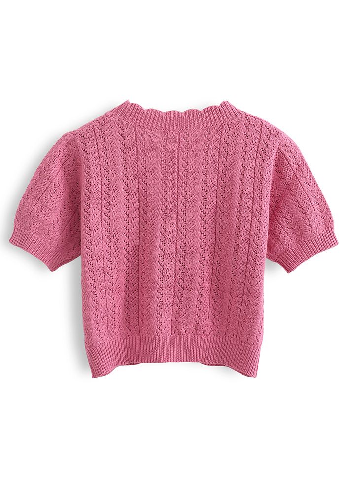 Floweret Button Front Eyelet Crop Cardigan in Rouge Pink