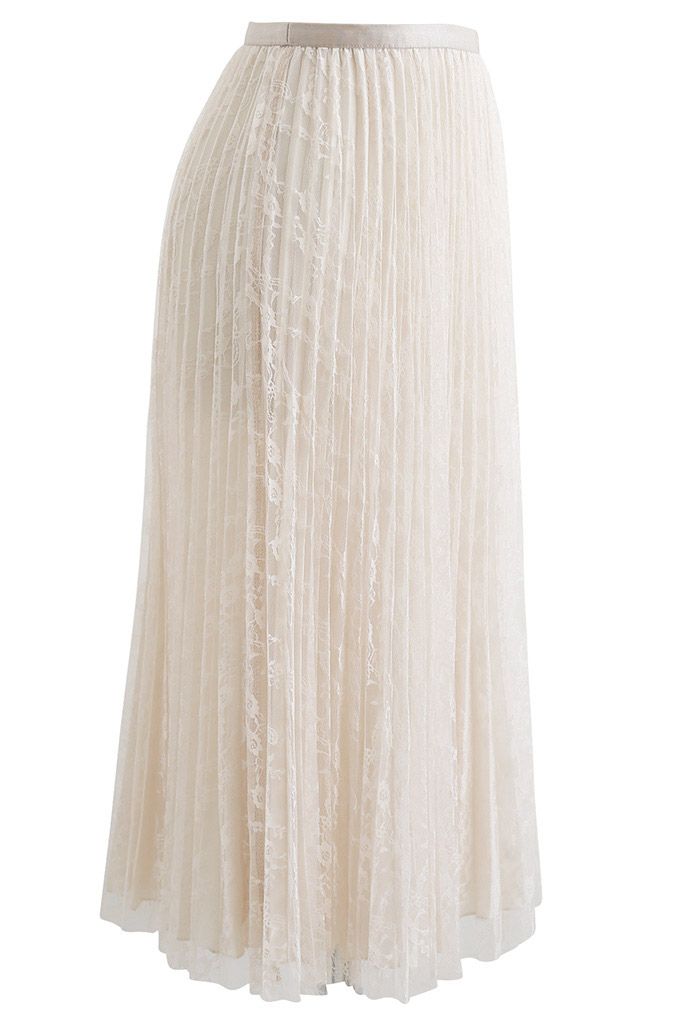 Full Lace Pleated Midi Skirt in Cream