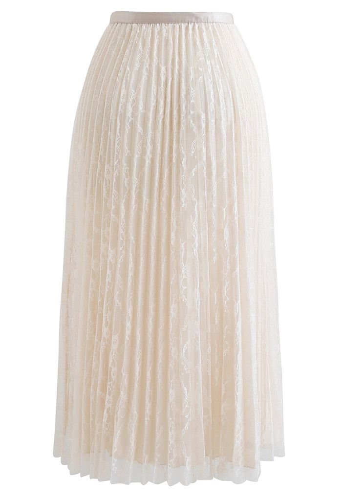 Full Lace Pleated Midi Skirt in Cream