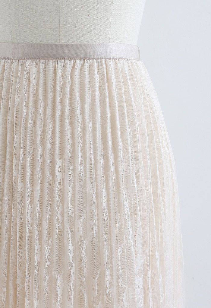 Full Lace Pleated Midi Skirt in Cream