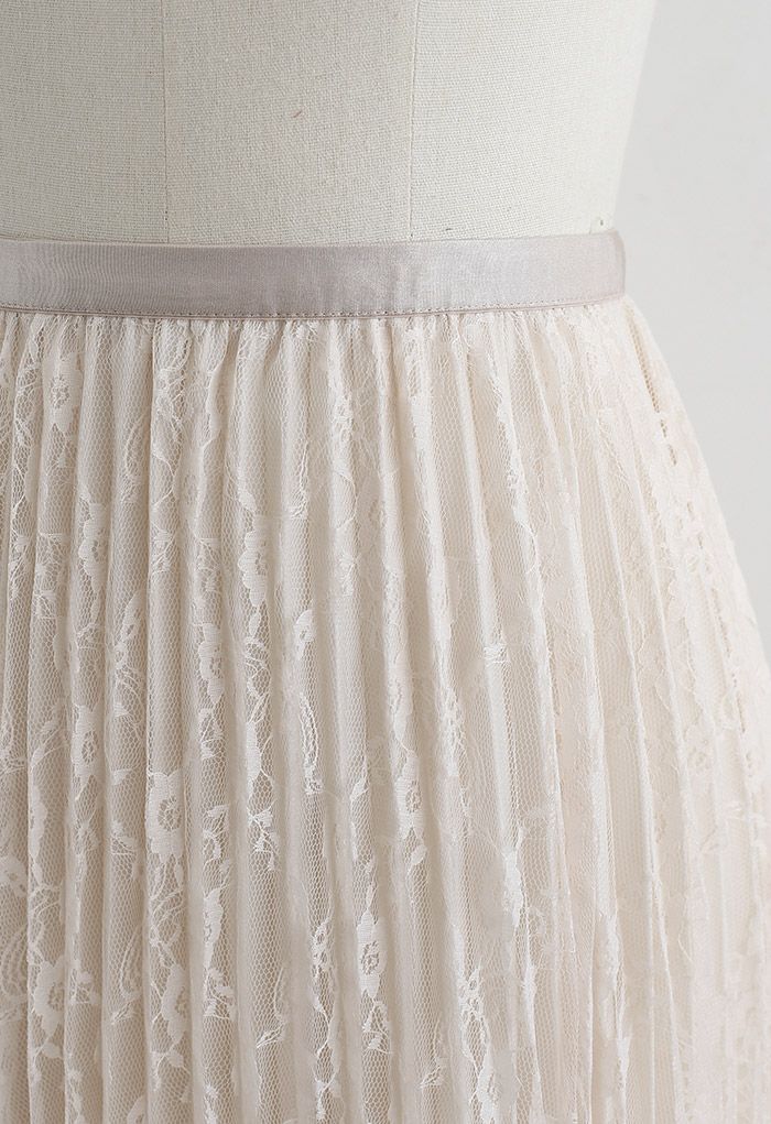 Full Lace Pleated Midi Skirt in Cream