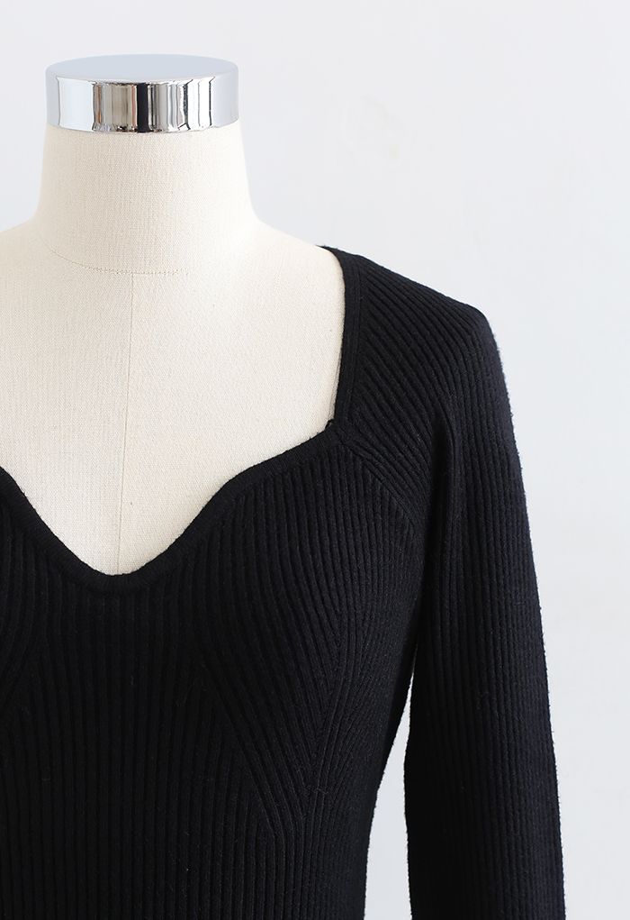 Square Neck Long Sleeves Fitted Knit Top in Black