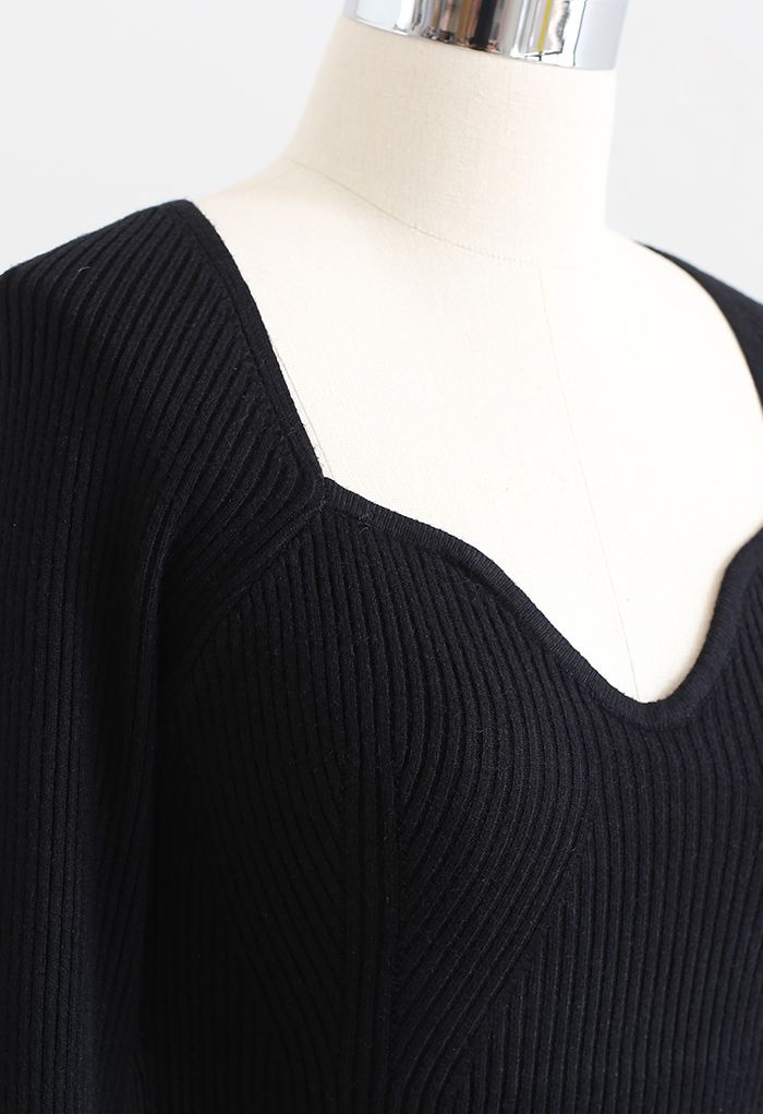 Square Neck Long Sleeves Fitted Knit Top in Black
