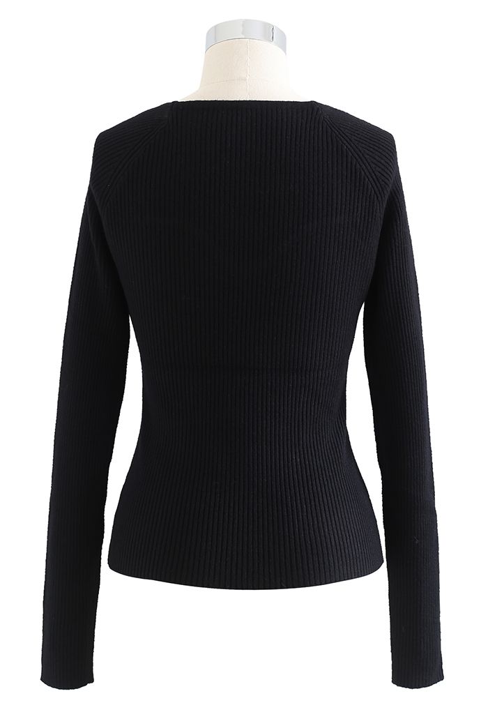 Square Neck Long Sleeves Fitted Knit Top in Black