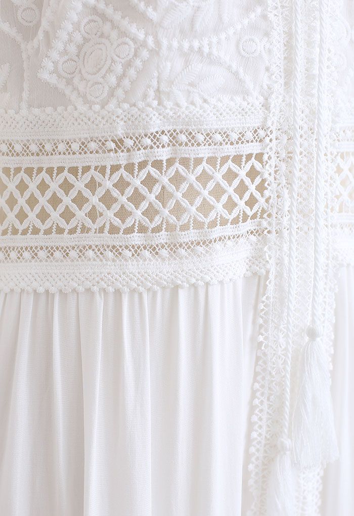 Sunflower Embroidered Lace-Up Front White Maxi Dress