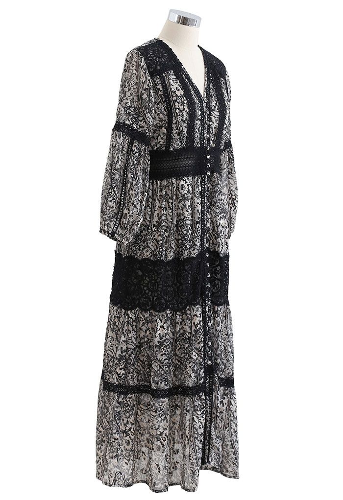 Black Floral Jacquard Crochet Trim Sheer Maxi Dress