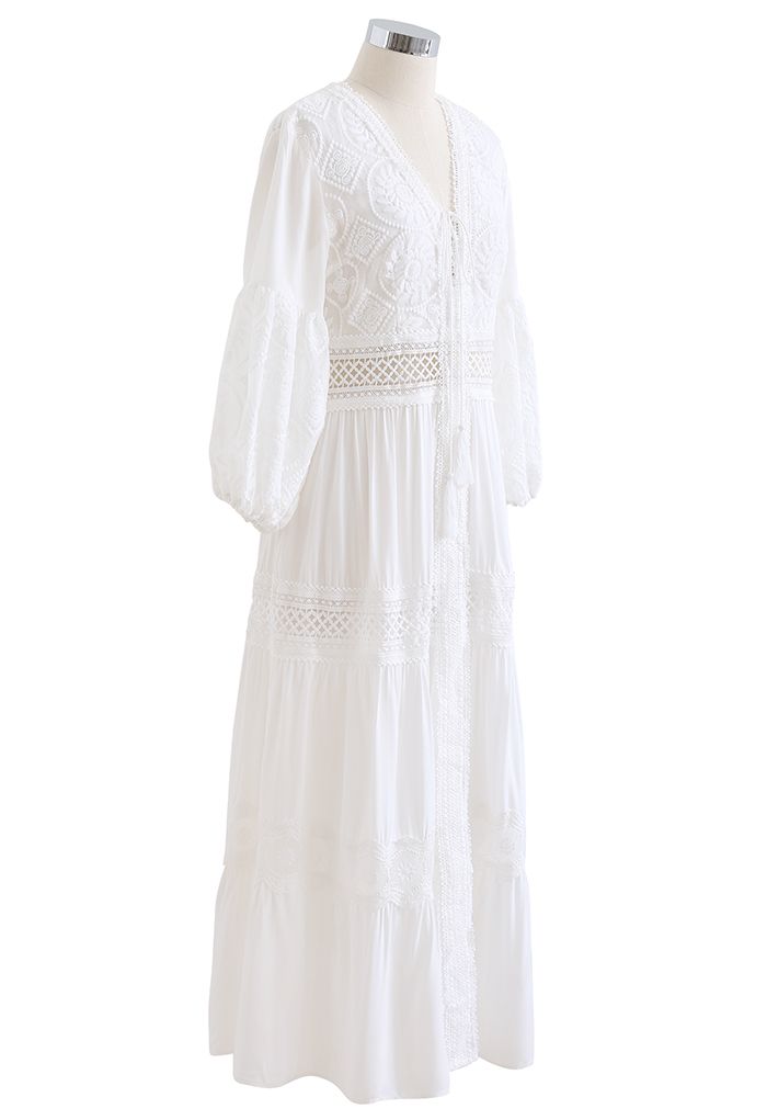 Sunflower Embroidered Lace-Up Front White Maxi Dress