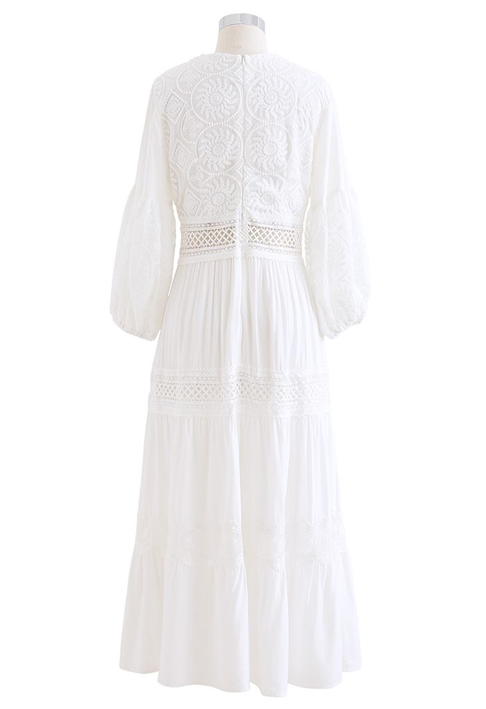 Sunflower Embroidered Lace-Up Front White Maxi Dress