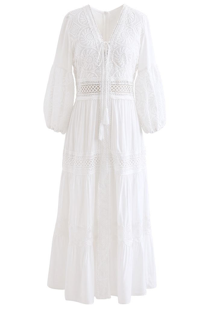 Sunflower Embroidered Lace-Up Front White Maxi Dress