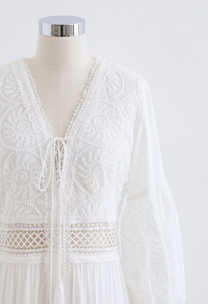 Sunflower Embroidered Lace-Up Front White Maxi Dress