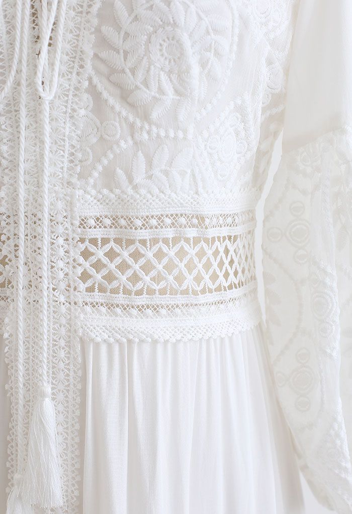 Sunflower Embroidered Lace-Up Front White Maxi Dress