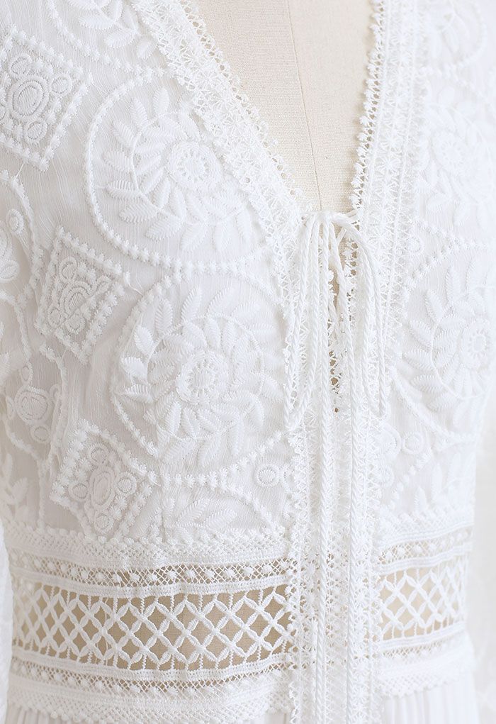Sunflower Embroidered Lace-Up Front White Maxi Dress