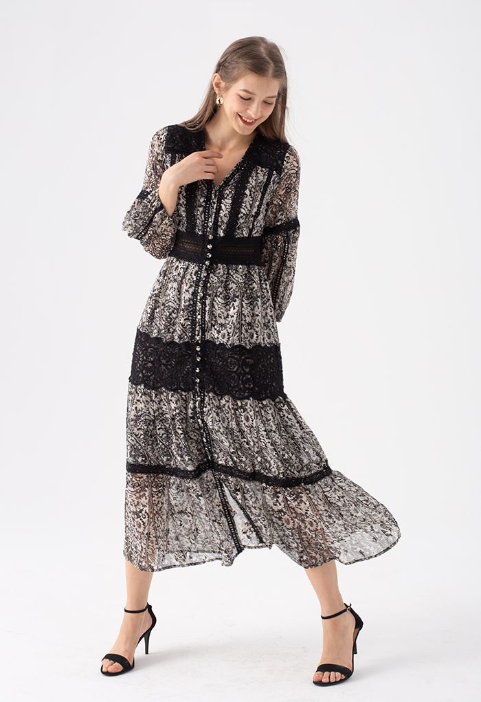 Black Floral Jacquard Crochet Trim Sheer Maxi Dress