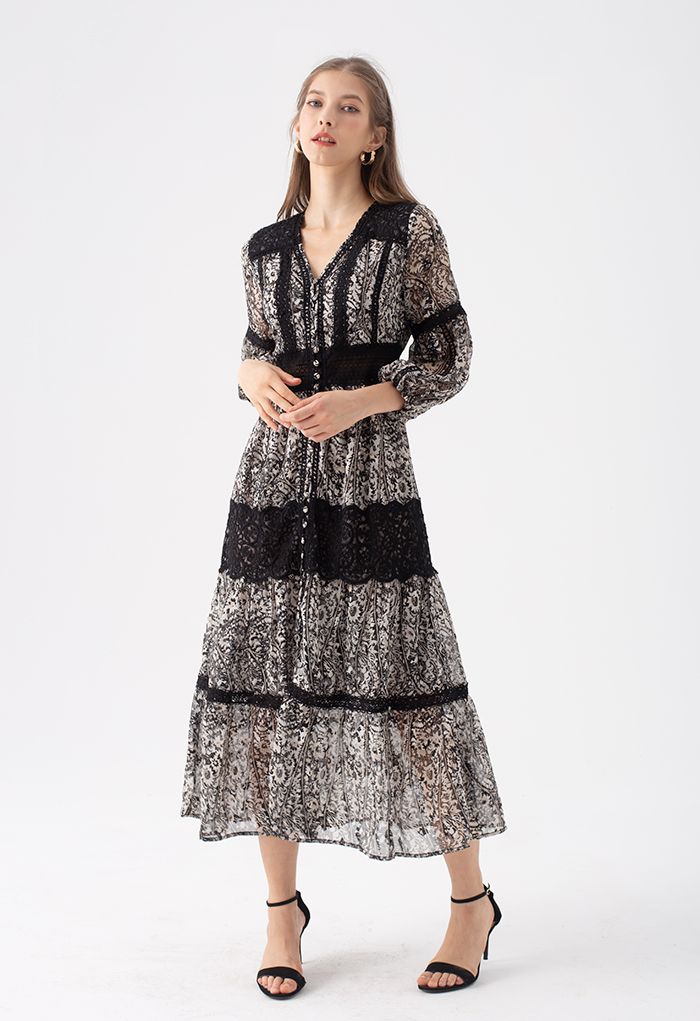 Black Floral Jacquard Crochet Trim Sheer Maxi Dress