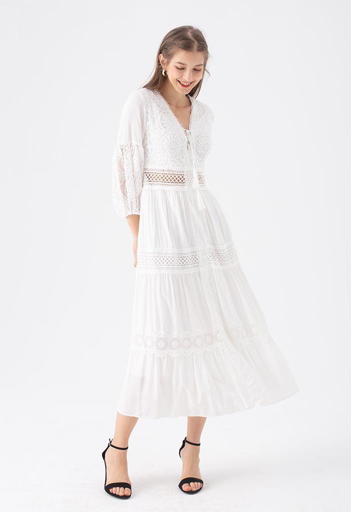 Sunflower Embroidered Lace-Up Front White Maxi Dress