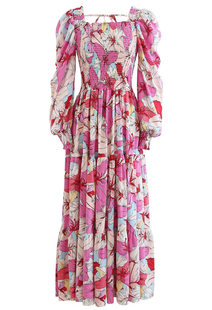 Lily Print Bubble Sleeve Maxi Dress in Pink