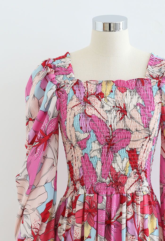 Lily Print Bubble Sleeve Maxi Dress in Pink