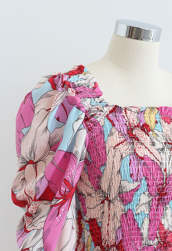 Lily Print Bubble Sleeve Maxi Dress in Pink