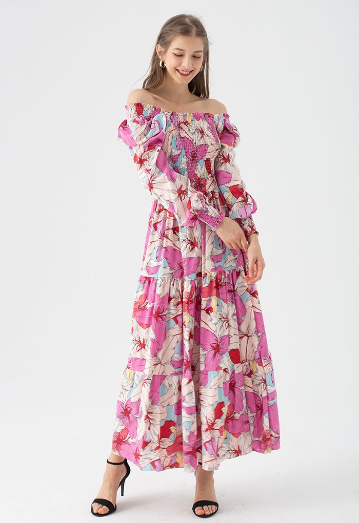 Lily Print Bubble Sleeve Maxi Dress in Pink