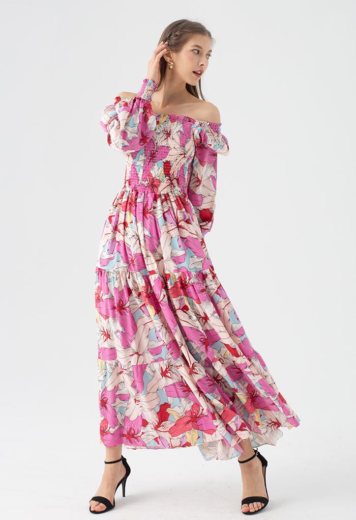 Lily Print Bubble Sleeve Maxi Dress in Pink