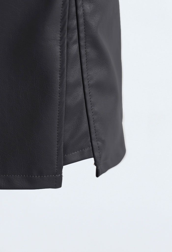 Polished Button Trim Faux Leather Bud Skirt in Black