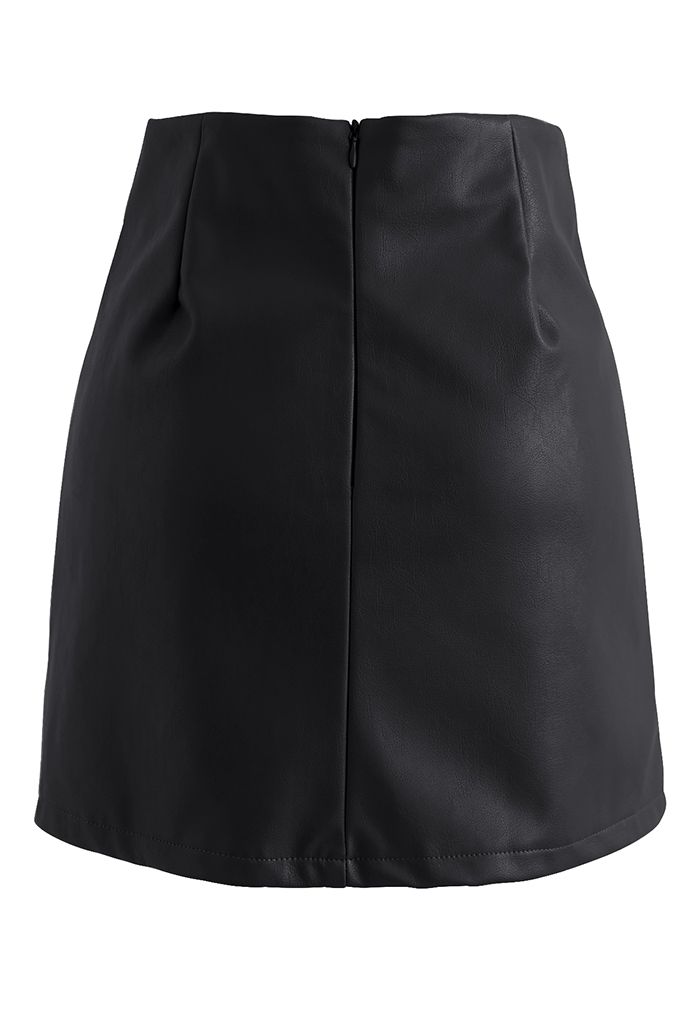 Polished Button Trim Faux Leather Bud Skirt in Black