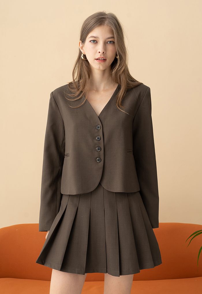 High Waist Pleated Mini Skirt in Brown