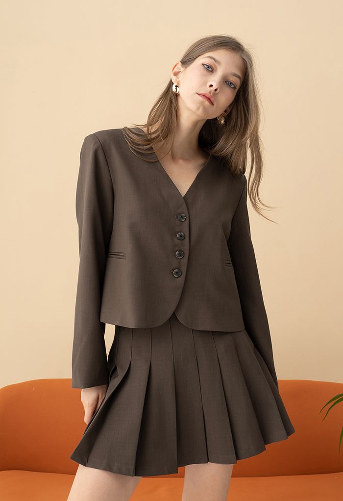 High Waist Pleated Mini Skirt in Brown