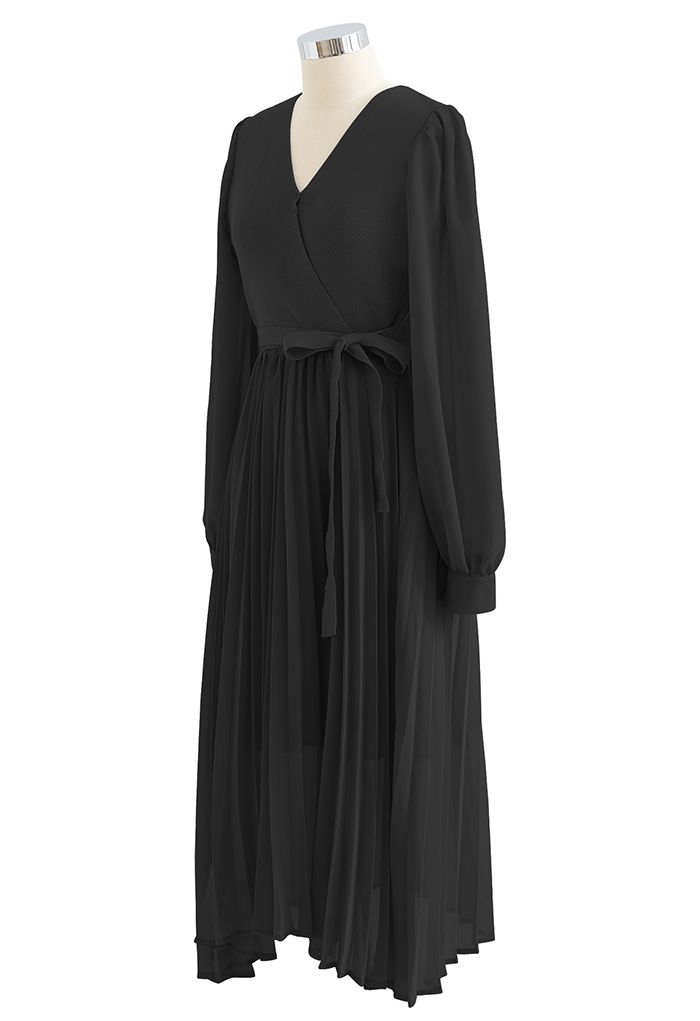 Knit Spliced Self-Tie Pleated Wrap Midi Dress in Black