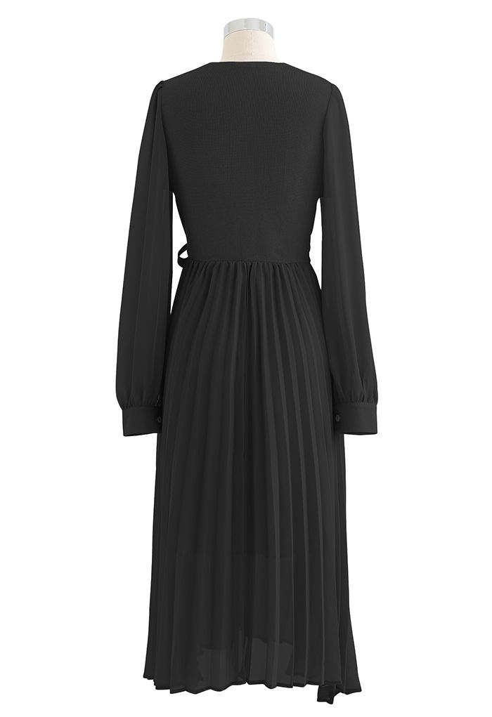 Knit Spliced Self-Tie Pleated Wrap Midi Dress in Black