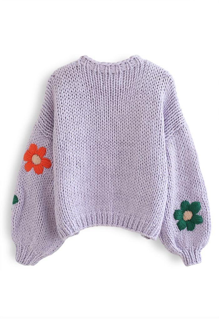 Stitch Flowers Hand-Knit Chunky Cardigan in Lilac