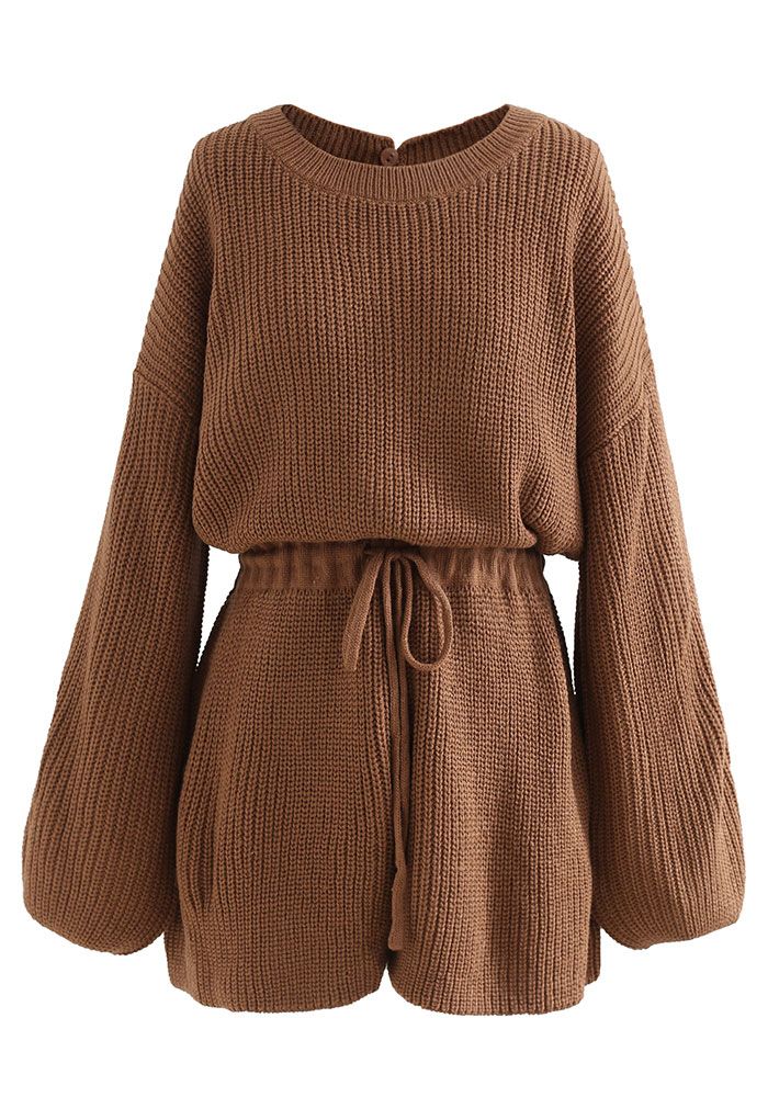 Drawstring Waist Rib Knit Playsuit in Caramel