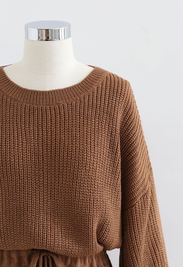 Drawstring Waist Rib Knit Playsuit in Caramel