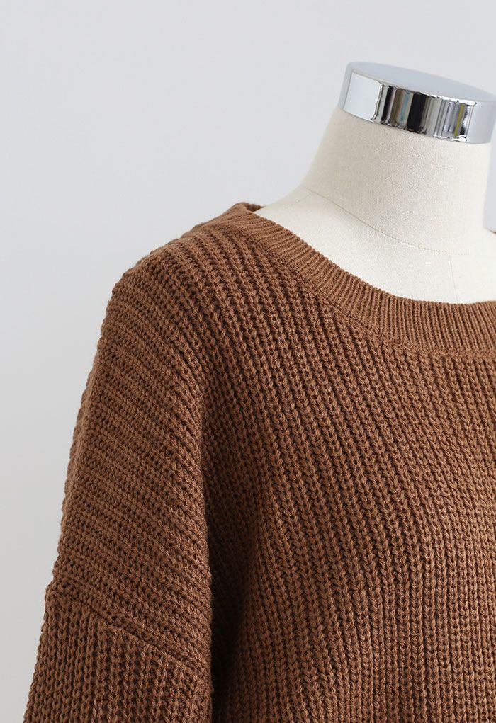 Drawstring Waist Rib Knit Playsuit in Caramel