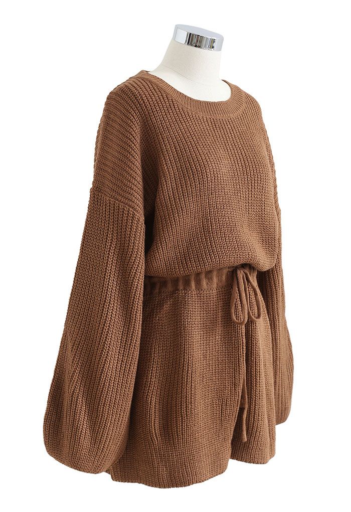 Drawstring Waist Rib Knit Playsuit in Caramel