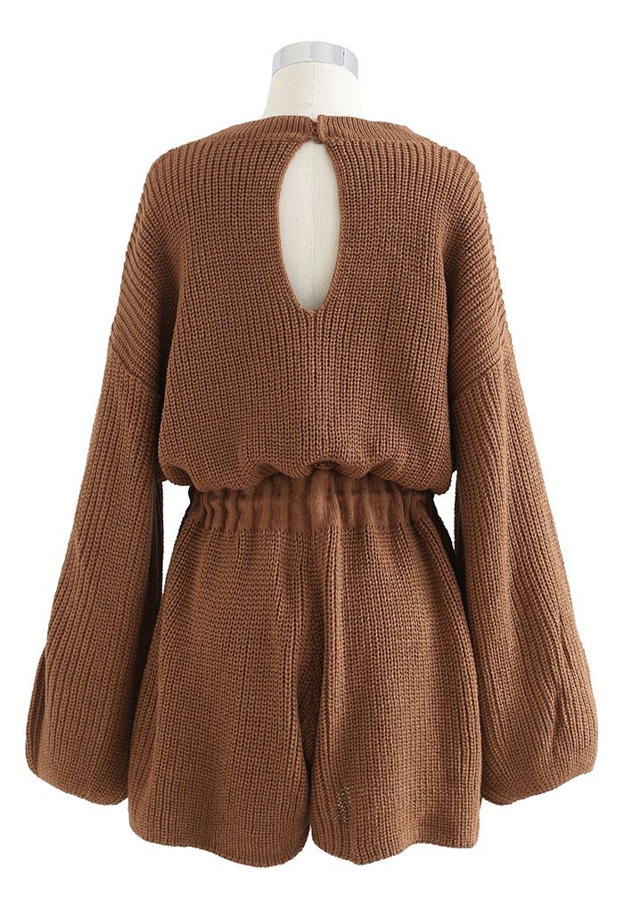 Drawstring Waist Rib Knit Playsuit in Caramel