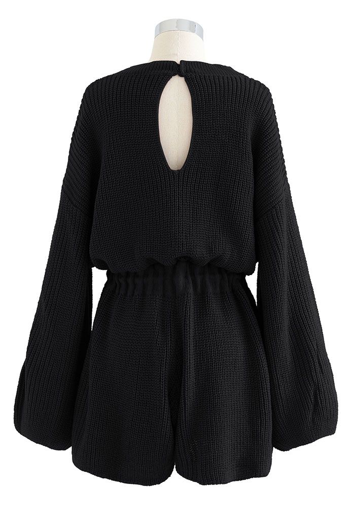 Drawstring Waist Rib Knit Playsuit in Black