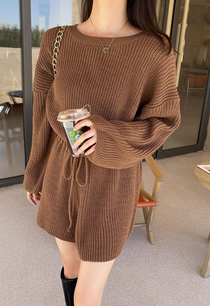 Drawstring Waist Rib Knit Playsuit in Caramel