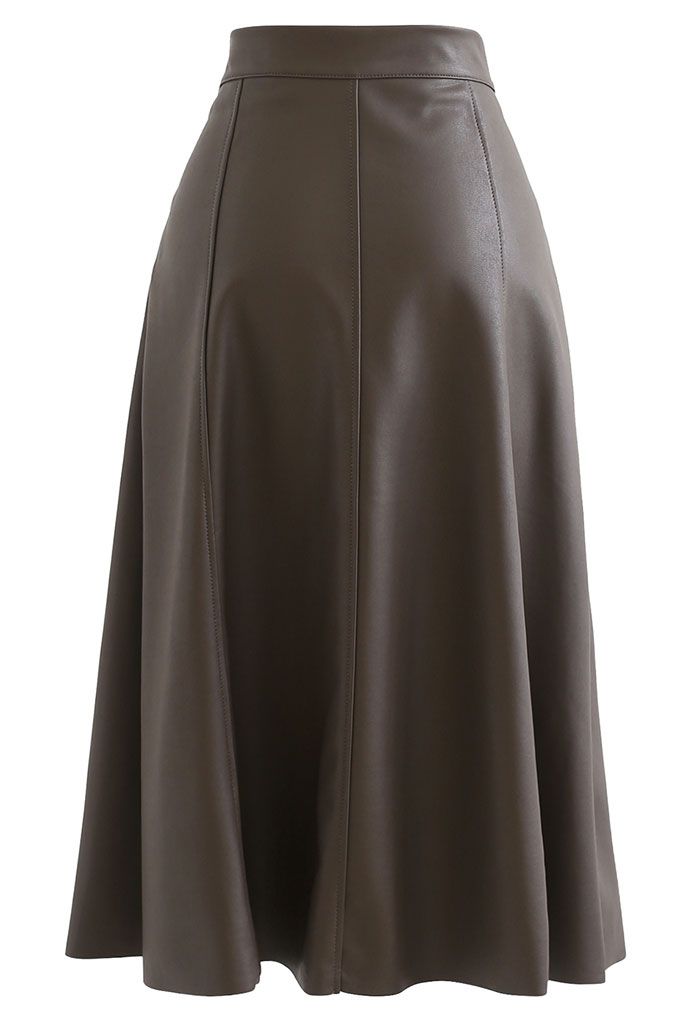 Soft Faux Leather Seamed A-Line Skirt in Taupe