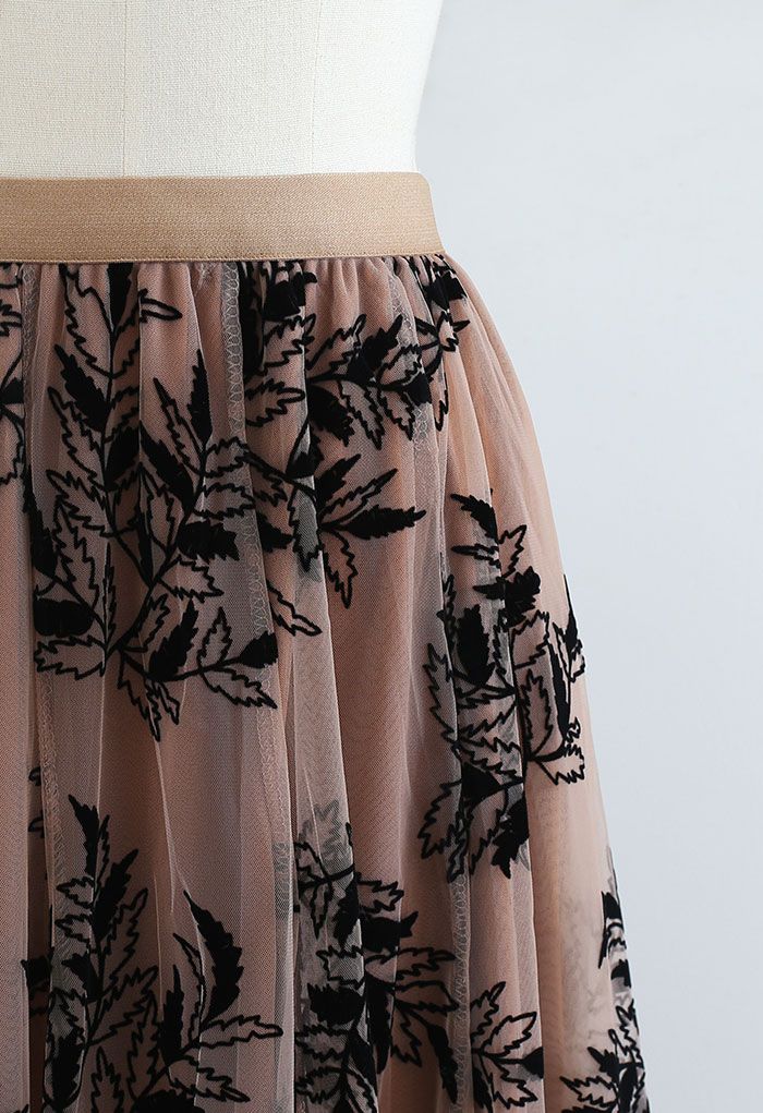 3D Leaf Double-Layered Mesh Tulle Midi Skirt in Caramel