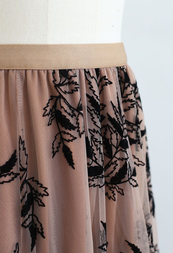 3D Leaf Double-Layered Mesh Tulle Midi Skirt in Caramel