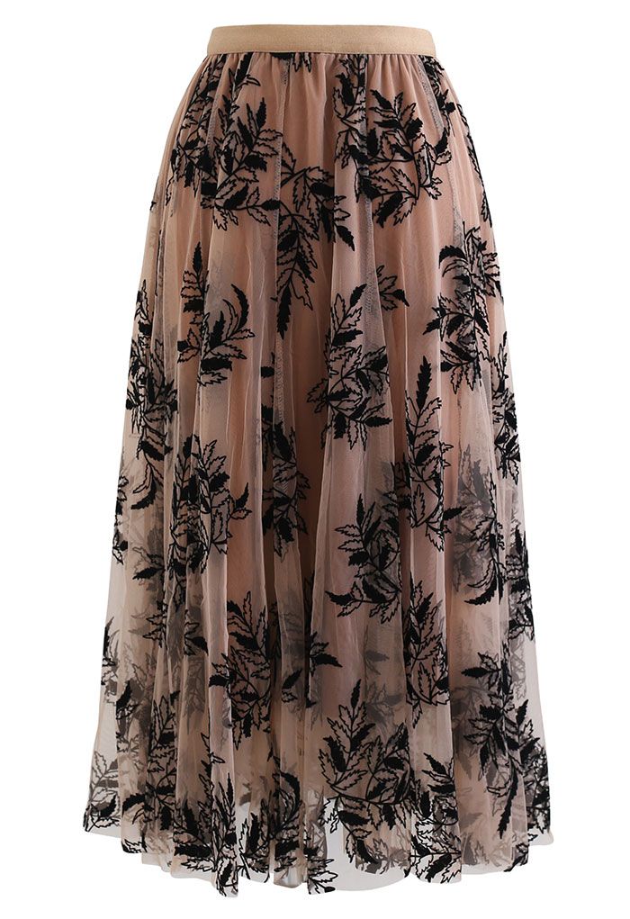 3D Leaf Double-Layered Mesh Tulle Midi Skirt in Caramel
