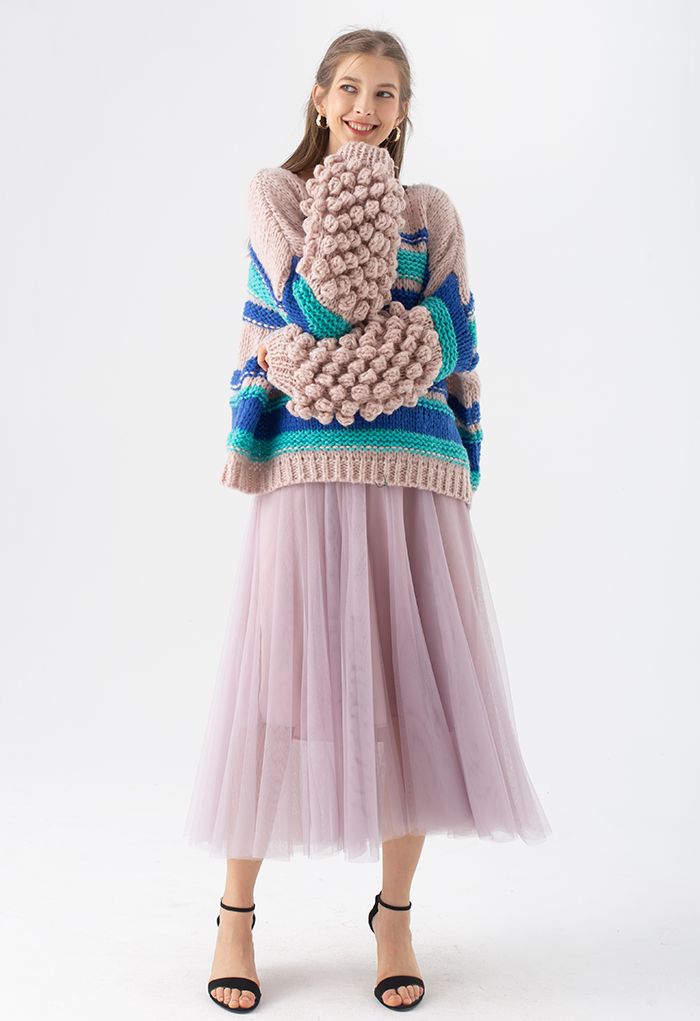 Pom-Pom Sleeve Hand-Knit Chunky Sweater