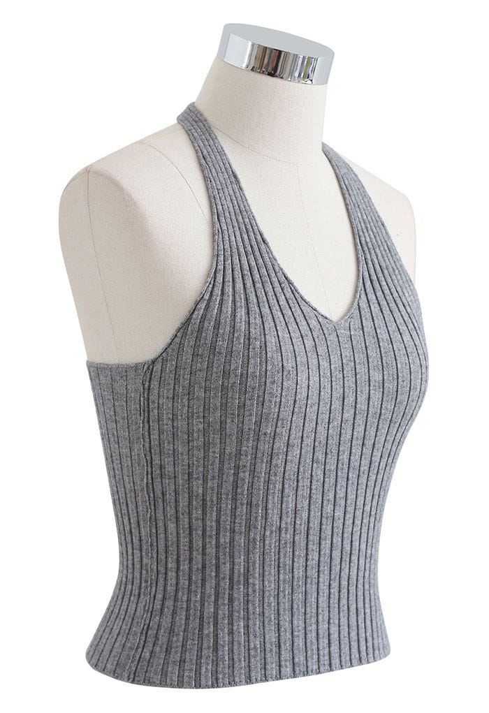 Halter Neck Crop Knit Top in Grey