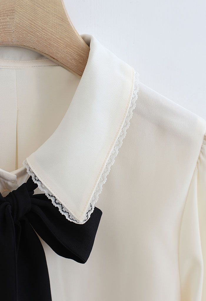 Pussy-Bow Lacey Neck Buttoned Shirt