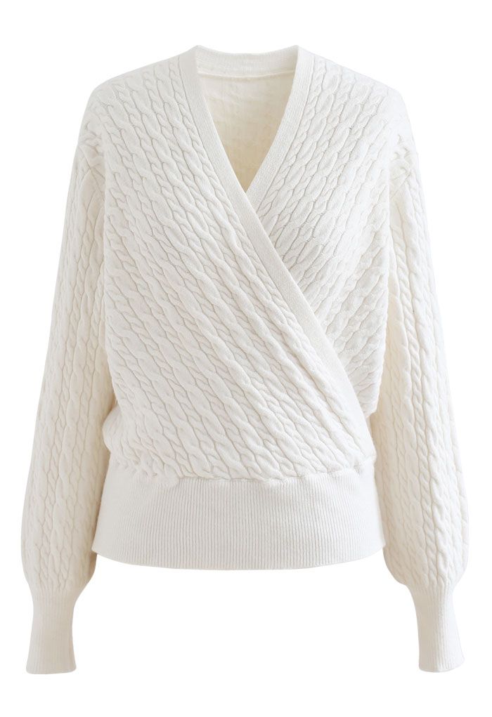 Cable Knit Wrap Front Crop Sweater in Cream