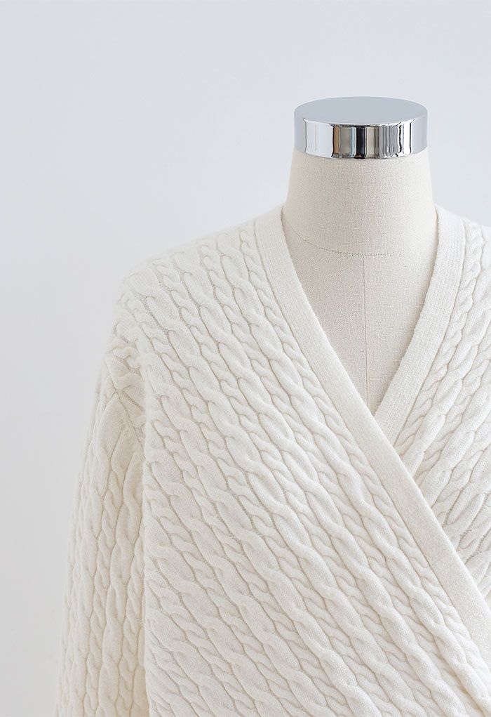 Cable Knit Wrap Front Crop Sweater in Cream