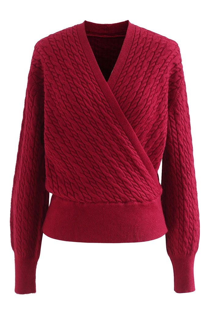 Cable Knit Wrap Front Crop Sweater in Red