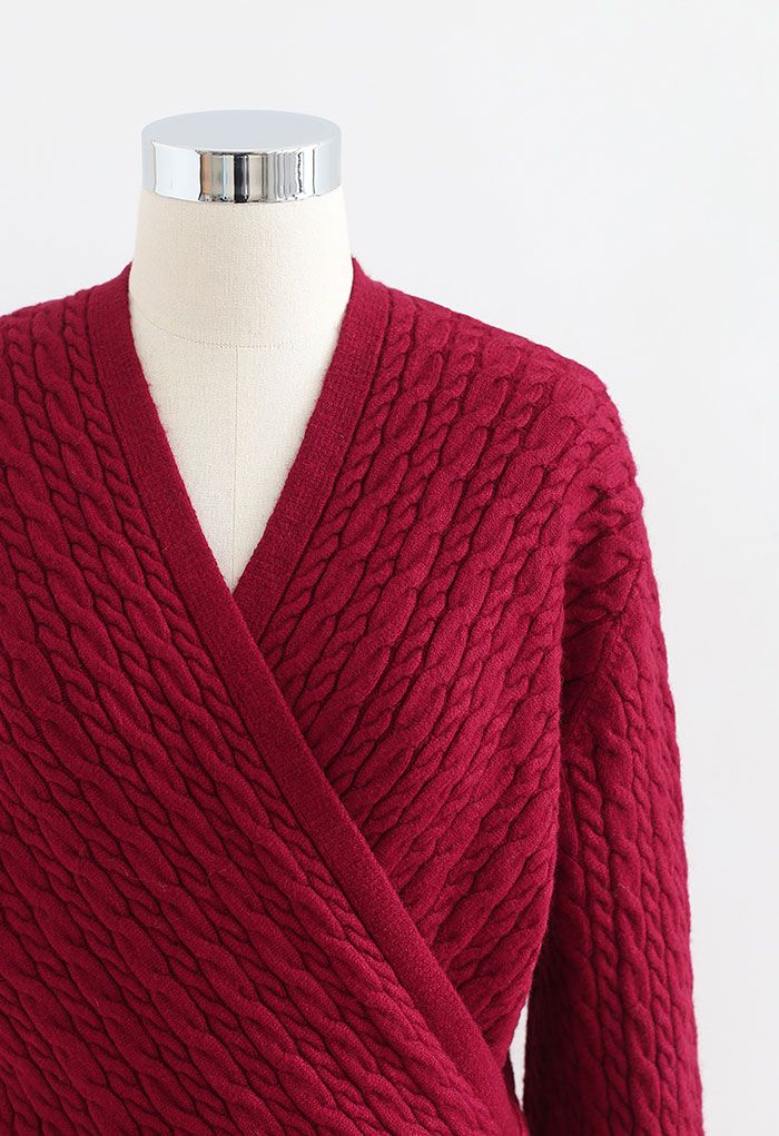 Cable Knit Wrap Front Crop Sweater in Red