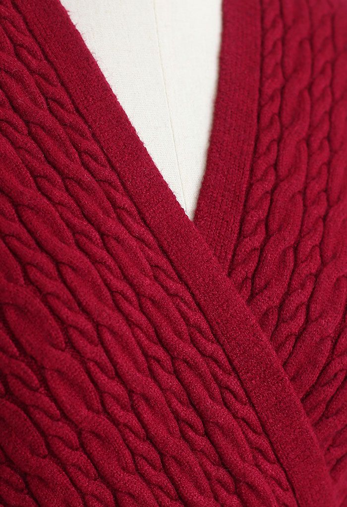 Cable Knit Wrap Front Crop Sweater in Red
